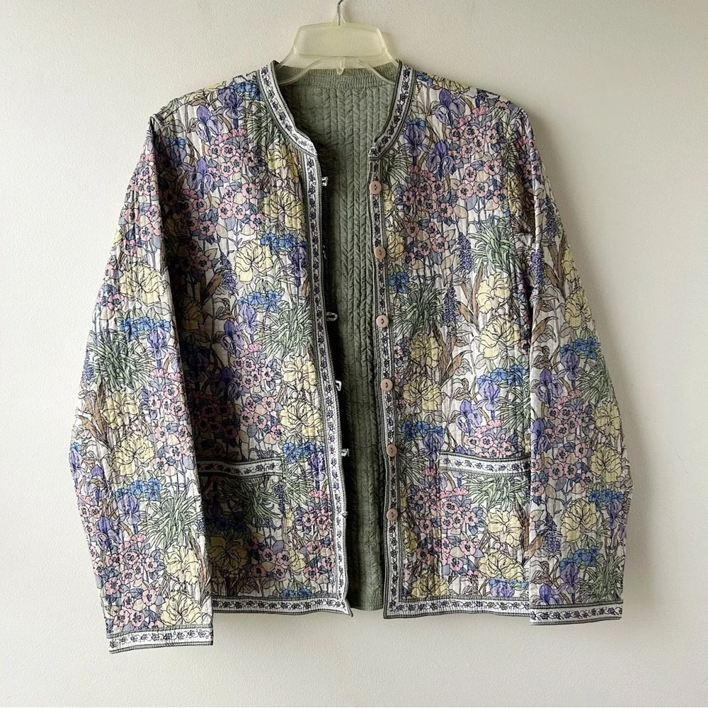 Cottagecore Floral Quilted Reversible Jacket Coat Large Green Pink Yellow Purple